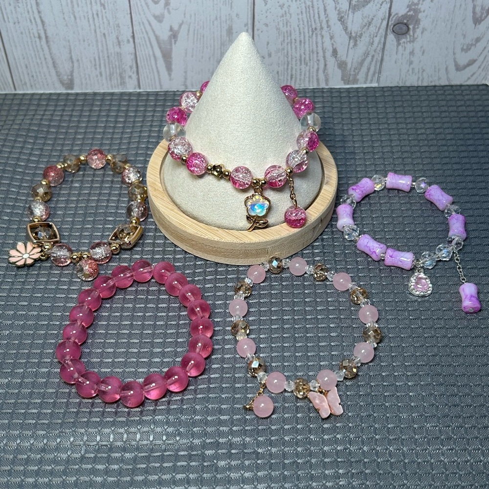 Pink and Purple Beaded Bracelet Set